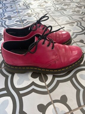 Dr. Martens Hot Pink Leather Lace-Up Shoes with Yellow Stitching